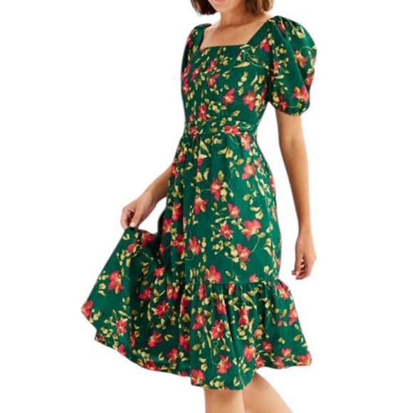 Draper James Emerald Green Floral Puff Sleeve Square Neck Midi Dress Small - Picture 1 of 11